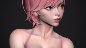Wen Shui Mao CGi Women Pink Hair Blue Eyes Portrait Pink Casual Simple Background Short Hair Portrai 1920x2400 wallpaper