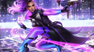 Lipstick Overwatch Purple Eyes Purple Hair Sombra Overwatch Weapon Woman Warrior 3000x1946 Wallpaper