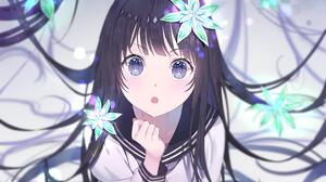 Blue Eyes Brunette Glowing Flowers School Uniform Long Hair Sparkles Anime Girls Hyouka Chitanda Eru 4444x2500 Wallpaper