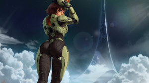 Halo Master Chief Halo Space Green Armor Ponytail TheMaestroNoob Looking Back One Eye Closed Wink He 6000x3750 Wallpaper