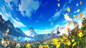 Anime Girls Landscape Flowers Knee High Socks Petals Mountains Sky Clouds Grass Hachio81 Animal Ears 2000x1125 Wallpaper