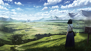 Anime Girls Grass Snowy Peak Sky Clouds Landscape Green Standing Short Hair Bag Looking Into The Dis 4000x2300 Wallpaper