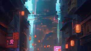 Ai Art Cyberpunk City Vertical Portrait Display Neon Lantern Building 1536x3072 Wallpaper