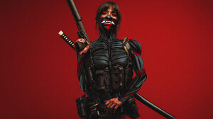 Cyberpunk Nanosuits Katana Pistol Suppressors Mask Women Science Fiction Red 3840x2490 wallpaper