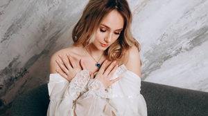 Marie Dashkova Women Brunette Makeup Bare Shoulders Necklace White Clothing Indoors Heart Design Hug 2160x1440 wallpaper