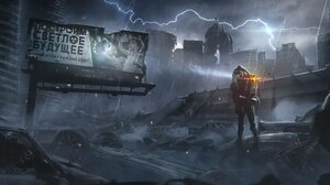 Artwork Digital Art Science Fiction Apocalyptic Disaster Destruction Building Car Lightning Skull En 2560x1122 Wallpaper