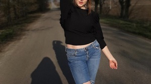 Brunette Women Outdoors Legs Crossed Road Jeans Sweater 960x1280 Wallpaper