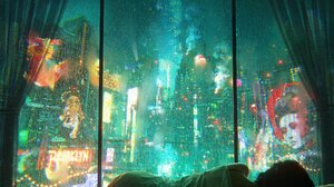 Digital Art Cyberpunk City Lights Science Fiction Neon Short Hair Looking Out Window City Portrait D 2158x2698 Wallpaper