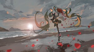 Vocaloid Hatsune Miku Beach From Behind Anime Girls Running Water Clouds Sky Flowers Bouquet Red Pet 5435x2715 Wallpaper