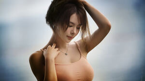 Yuan Yelang Women Asian Brunette Holding Hair Looking Below Tank Top Necklace Pink Clothing Simple B 2048x1365 Wallpaper