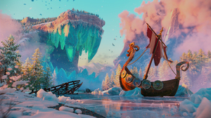 Digital Art Artwork Winter Sailing Ship Vikings Frozen Lake Frost Snow Lake Fangs Smoke Trees Forest 3840x2160 Wallpaper