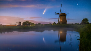 Windmill Reflection Water Clouds Sunset Glow Stars 1600x1067 Wallpaper