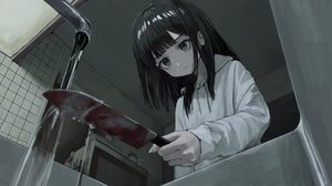 Anime Girls Knife Sink Creepy Water Long Hair Hoods 2048x1152 Wallpaper