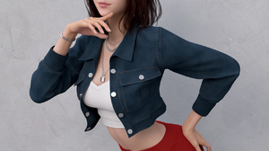 Shin JeongHo CGi Women Brunette Glasses Jacket Red Clothing Pants Jewelry Silver Simple Background 1280x1280 wallpaper