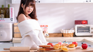 Asian Model Women Long Hair Dark Hair Kitchen Bread Apples Food 5120x3413 Wallpaper
