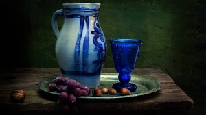 Plate Pitcher Glass Blue Hazelnut Grapes Walnut 2048x1398 Wallpaper