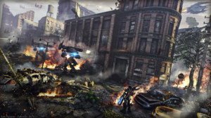 Science Fiction High Tech Aliens Fire City Debris Ruins Humanoid Battlesuit Drone Smoke 1920x1080 Wallpaper
