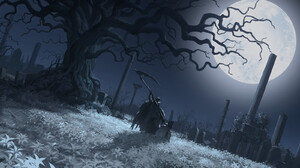Liuying JP Digital Art Fantasy Art Bloodborne Scythe Trees Full Moon Cemetery Flowers 1920x896 Wallpaper