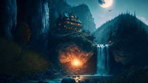 Landscape Fantasy Castle Ai Art Waterfall Water Moon Fantasy Art Castle 3840x2160 Wallpaper