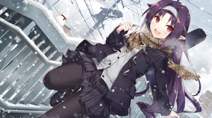 Anime Anime Girls Snow Snowman Pointy Ears Long Hair Purple Hair Red Eyes Scarf Black Pantyhose Swor 1582x1000 Wallpaper