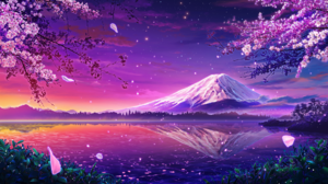 Anime Pixiv Cherry Blossom Petals Reflection Water Sunset Mountains Snow Nature Sunset Glow Sky 1920x1080 Wallpaper