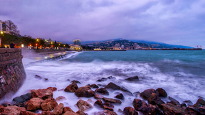 Sea Outdoors Rocks Waves Night Lights Clouds Sky Photography Urban HDR 1800x839 Wallpaper