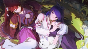 Anime Anime Girls Lying Down Lying On Side Long Hair Purple Hair Purple Eyes Redhead Green Eyes Gras 3200x1800 Wallpaper