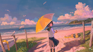 Anime Girls Umbrella Sky Blue Sea Uniform Sailor Uniform Grass Beach Seagulls Looking At Viewer Boat 2378x1185 Wallpaper