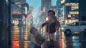 Anime Anime Girls Umbrella City City Lights Rain Standing Long Hair Two Tone Hair Headlights Car Ped 3200x2000 wallpaper