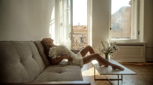 Maxim Gustarev Model Women Blonde Closed Eyes Dress Legs Feet Barefoot Tattoo Flowers Window Couch S 2560x1706 Wallpaper