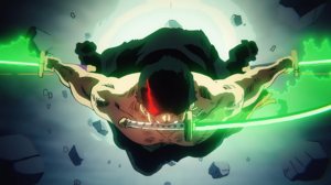 One Piece Roronoa Zoro Swordsman Sword Katana Red Eyes Anime Boys Anime Screenshot Rocks Shirtless 3840x2160 wallpaper