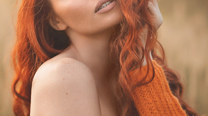 Natalia Vetoshkina Women Redhead Long Hair Wavy Hair Makeup Freckles Bare Shoulders Orange Clothing  1280x1920 Wallpaper