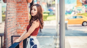 Asian Model Women Long Hair Brunette Red Tops Skirt Railings Taxi Bricks Wall Poles 2048x1366 Wallpaper