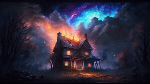 Ai Art Illustration House Clouds Sky Trees Stars Starry Night 4579x2616 Wallpaper
