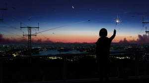 Yu Jing Illustration Clouds Sunset Glow Sunset Starred Sky Aircraft Anime Girls Utility Pole City Ri 3840x2160 Wallpaper