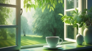 Ai Art Window Sill Tea Leaves Green Illustration Nature Plants Drink Window 4579x2616 Wallpaper