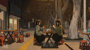 Anime Anime Girls Hua Ming Wink Two Women Street Food Pointy Ears Eating Closed Eyes Anime Girls Eat 4404x2478 Wallpaper