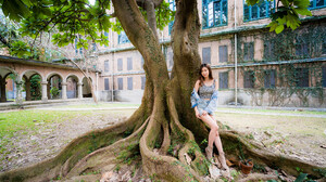 Asian Model Women Depth Of Field Long Hair Dark Hair Women Outdoors Trees Building Leaves Grass Shor 3840x2561 Wallpaper