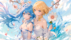 Ai Art Blue Hair Flower In Hair Skirt Plum Blossom Anime Girls Water Petals Flowers Smiling Long Hai 4098x2305 Wallpaper