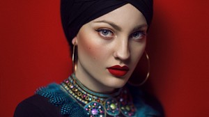 Face Women Makeup Red Lipstick Model Red Background Portrait Blue Eyes Long Earings 2048x1365 Wallpaper