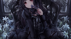 Anime Anime Girls Sitting Gothic Dress Flowers Window Looking At Viewer Long Hair Red Eyes 1447x1158 Wallpaper