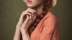 Sergey Satulo Women Hat Redhead Braids Pink Clothing Simple Background Looking At Viewer Model Braid 1667x2500 Wallpaper
