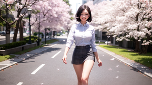 Ai Art Women Asian Smiling Looking At Viewer Road Petals Trees Short Hair Skirt Legs 1792x1152 Wallpaper