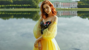 Marie Dashkova Women Redhead Shoulder Length Hair Looking At Viewer Dress Bare Shoulders Lake Outdoo 2160x1440 Wallpaper