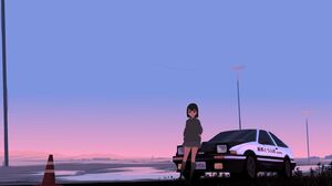 Car Japan Drift Anime Girls Standing Short Hair Hands In Pockets Sky Looking At Viewer Traffic Cone  1600x874 Wallpaper