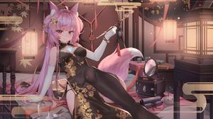 Anime Anime Girls Animal Ears Smoking Lantern Pink Hair Tail Fox Girl Fox Tail Chinese Dress 5000x3000 Wallpaper
