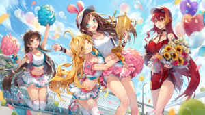 Figure Fantasy Redhead Blonde Cheerleaders Anime Girls Trophy Flowers Balloon Hat Virtual Youtuber K 2048x1024 wallpaper