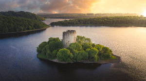Cloughoughter Castle Lake Ireland Island Sky Nature Forest Water Trees Clouds Sunset Castle Sunset G 3840x2160 Wallpaper