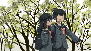 Anime Girls Anime Schoolgirl Sailor Uniform Pleated Skirt Trees Wood Blush Japan Japanese Clothes Zi 2560x1440 Wallpaper