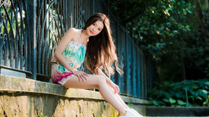 Asian Model Women Long Hair Dark Hair Sitting Leaning Fence Shorts Shirt Necklace 3840x2562 Wallpaper